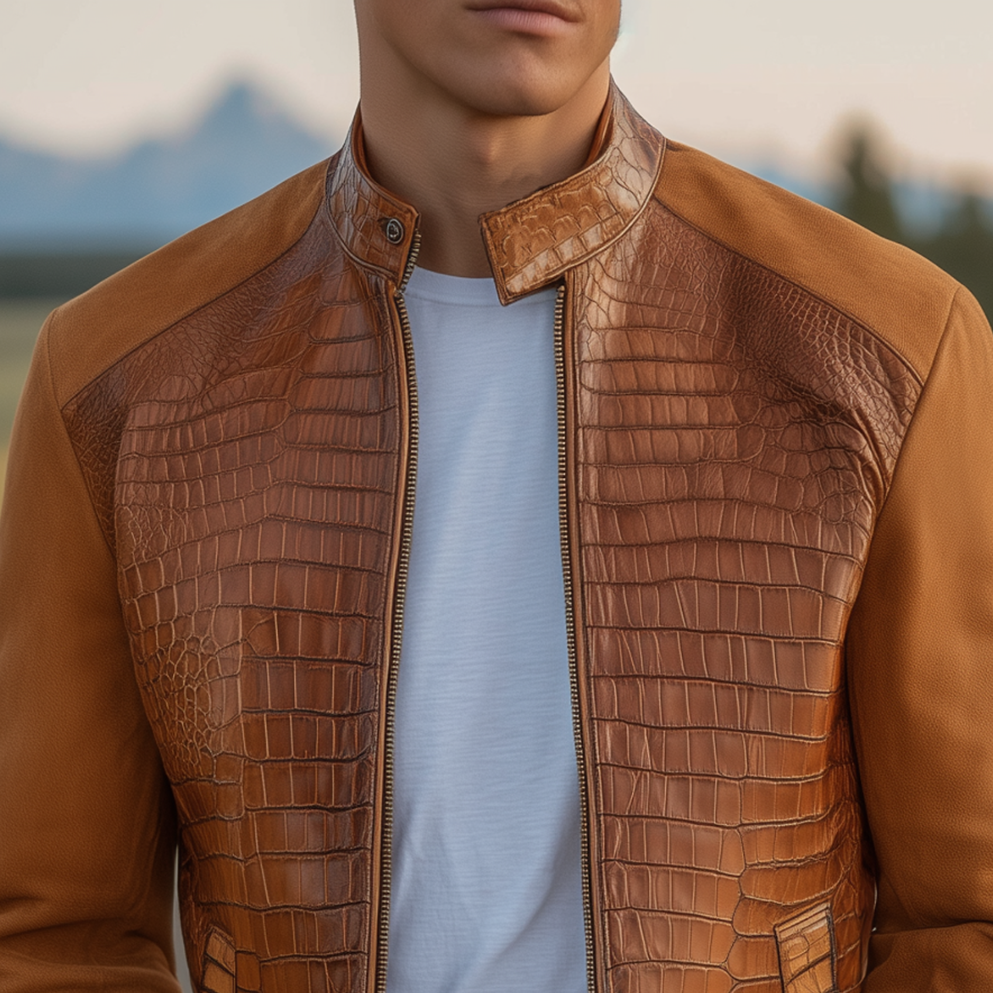 Men's Classic Retro Western Cowboy Style Stand Collar Textured Leather And Suede Zipper Jacket MTA0539H0K