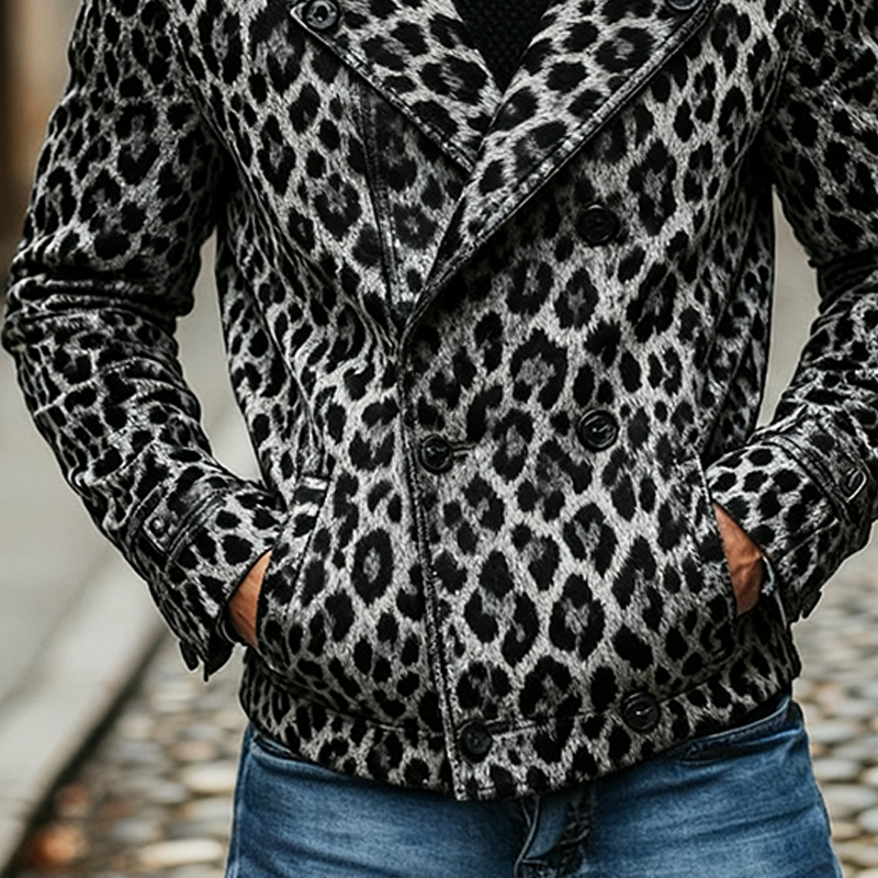 Men's Vintage Leopard Print Double Breasted Biker Jacket MTA1644J9X