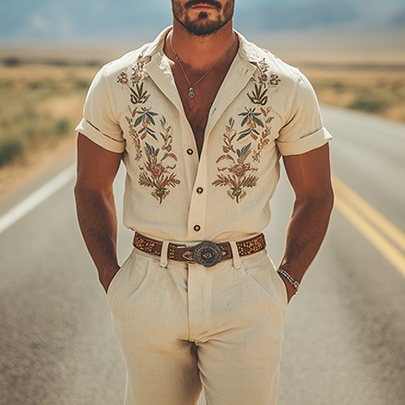 Men's Summer Fashion Retro Western Style Embroidered Cotton and Linen Jumpsuit (Without Belt) MTA2970D7K