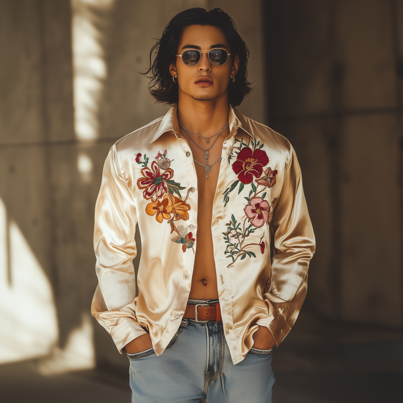 Men's Vintage Elegant Flower Embroidery Satin Lapel Loose Long Sleeve Shirt MTA1655F8M
