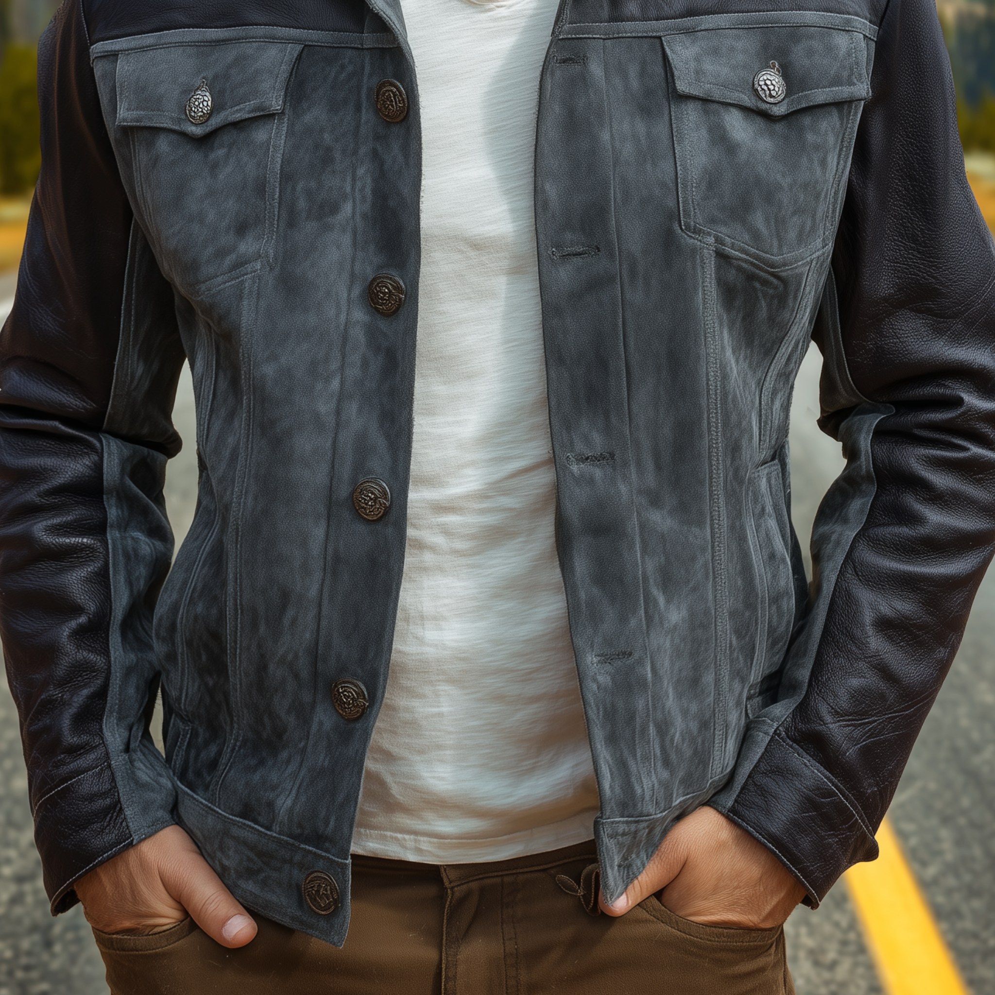 Men's Classic Retro Pu Leather Sleeves Lapel Suede Multi-pocket Jacket MTA2956H4K
