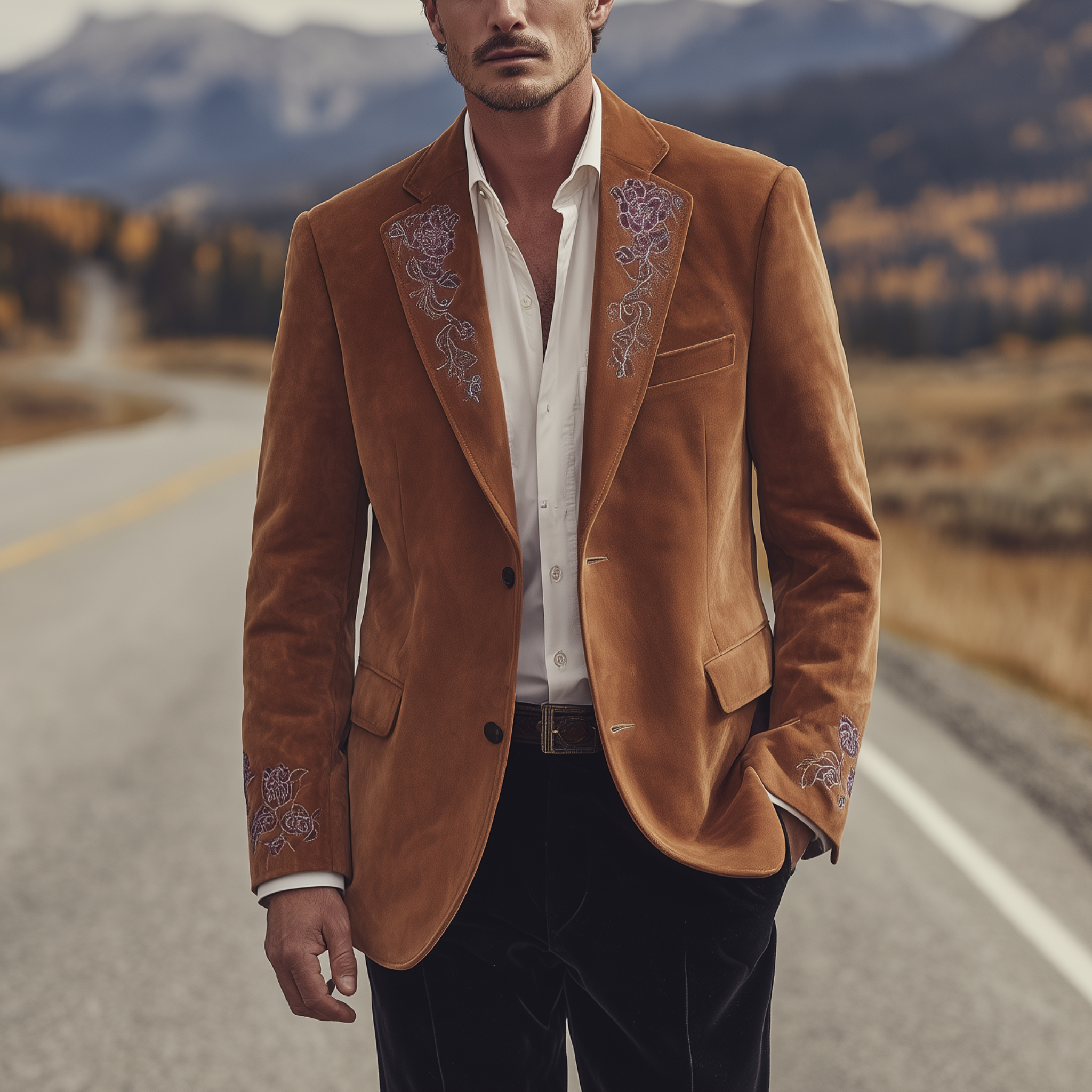 Men's Classic Retro Western Style Suede Collar And Cuff Embroidery Single-breasted Blazer MTA2841H1K