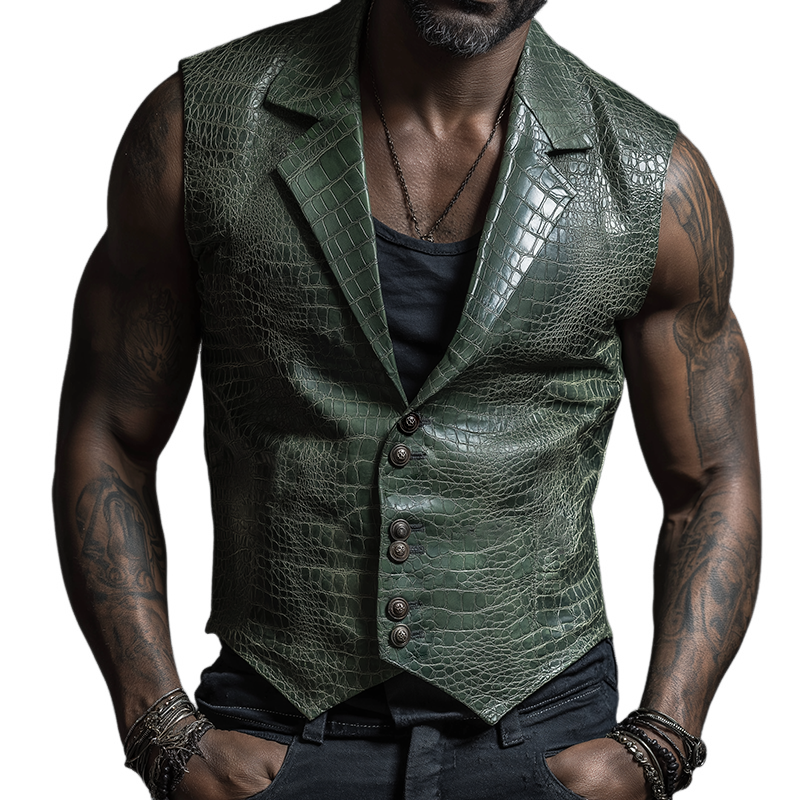Men's Retro Casual Crocodile Pattern PU Leather Lapel Vest MTA2176H7TO