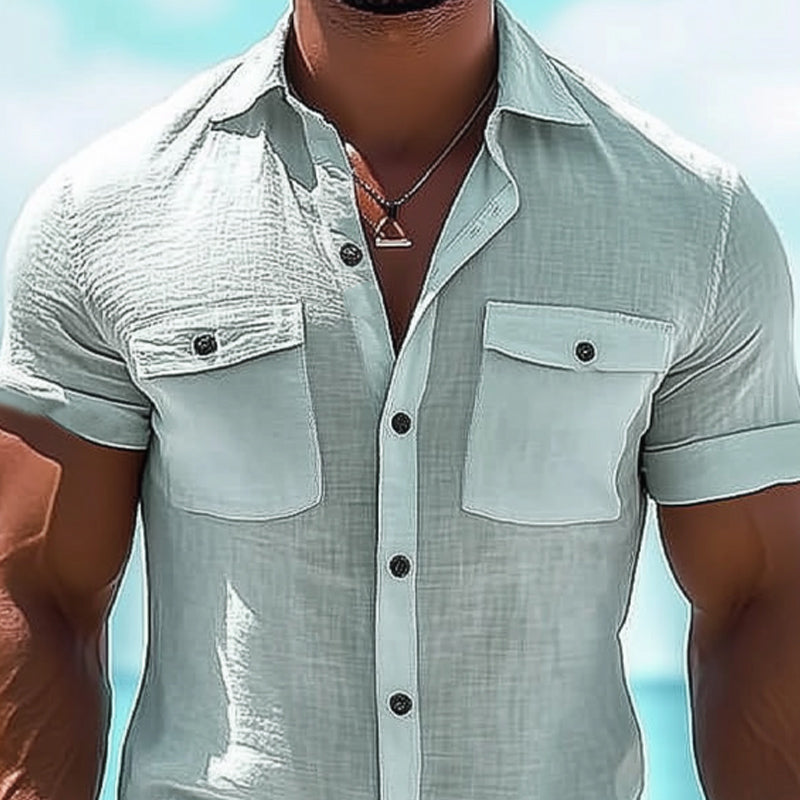 Men's Casual Ice Silk Wrinkled Double Pocket Short Sleeve Shirt MTA3071D6U