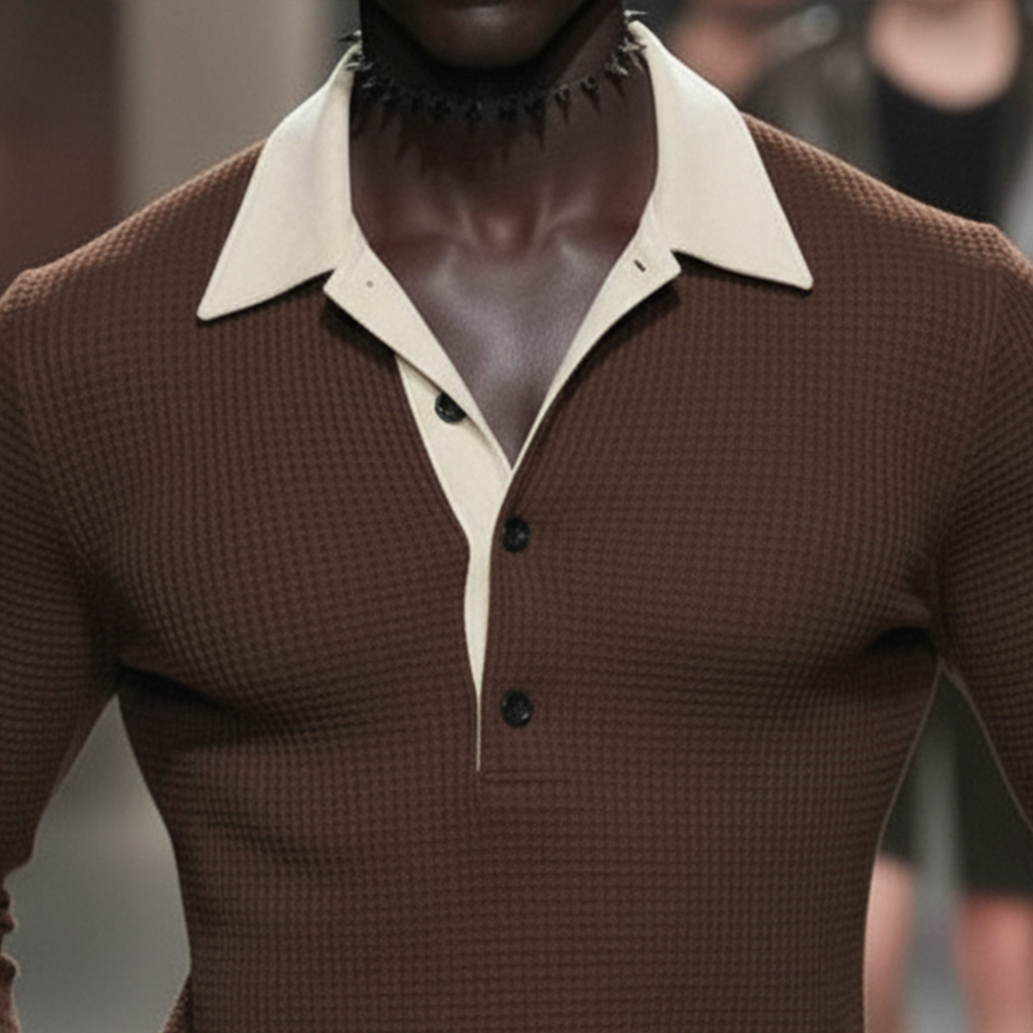 Men's Classic Casual Faux Suede And Waffle-knit Patchwork Slim-fit Long-sleeved Polo Shirt MTA0897L2K