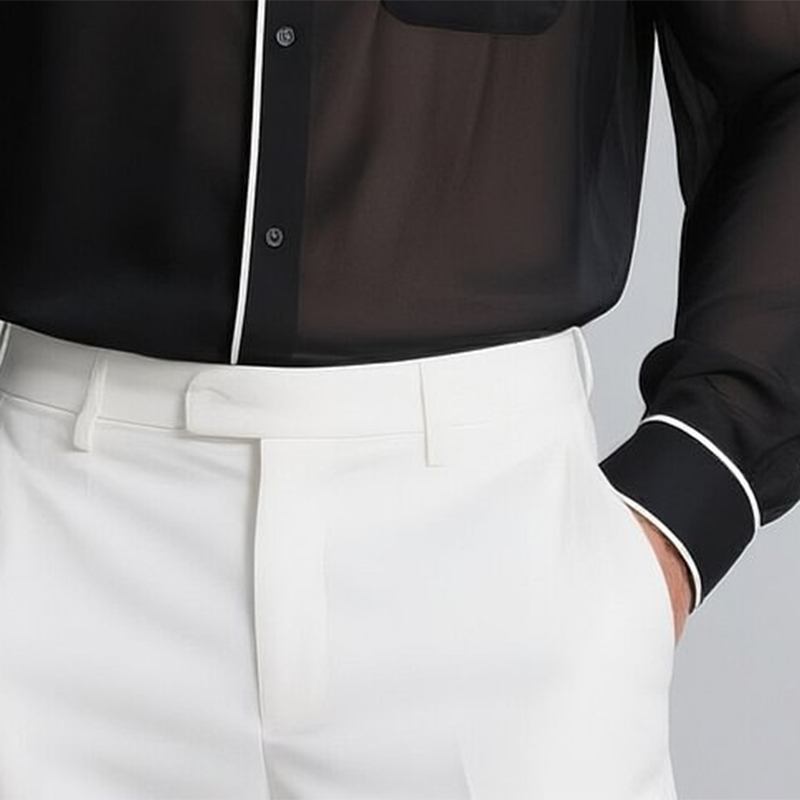 Men's Black Chiffon White Trim Lapel Single-breasted Long-sleeved Shirt MTA0189G2Y