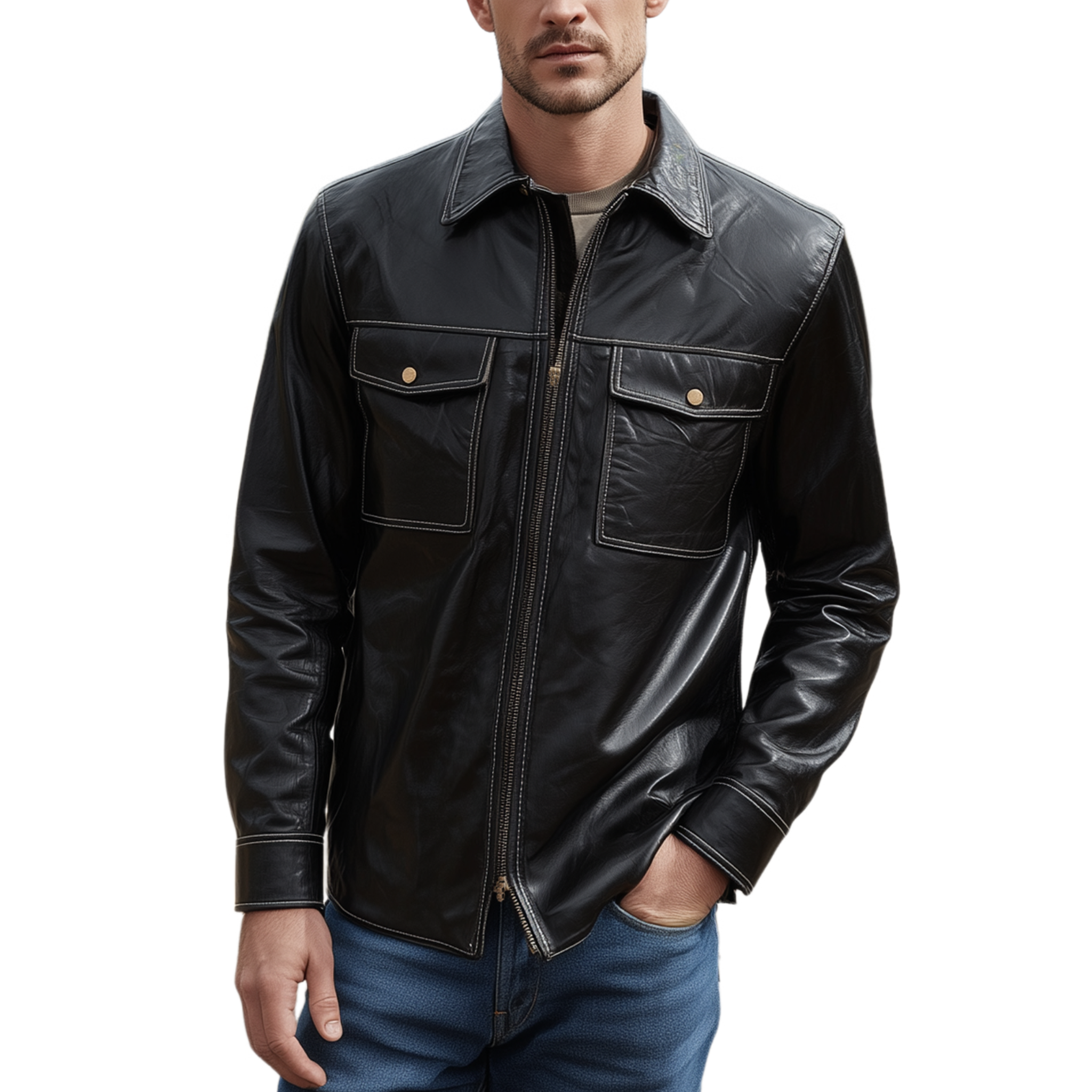 Men's Classic Vintage Textured Leather Lapel Zipper Slim Fit Jacket MTA0241H4K