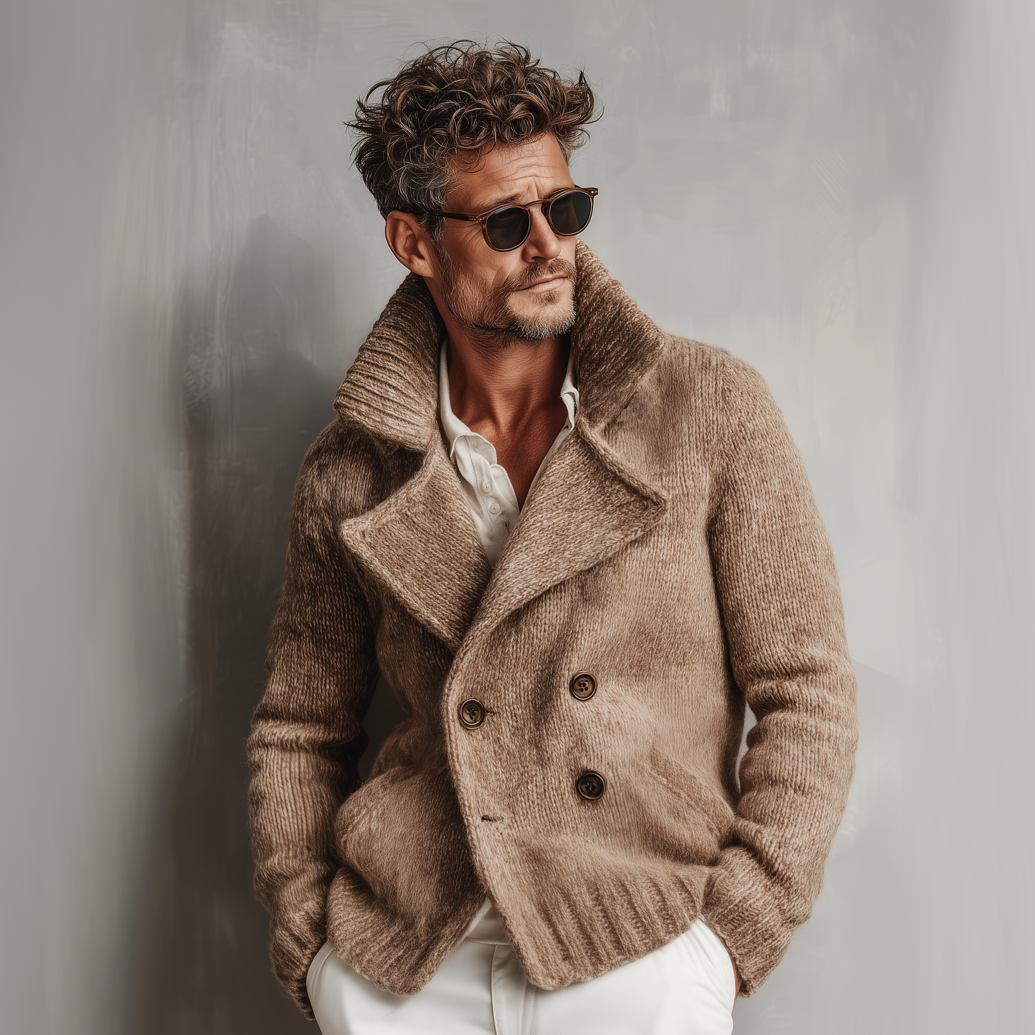 Men's Classic Retro Tough Style Double-breasted Lapel Knitted Cardigan MTA1034J7K