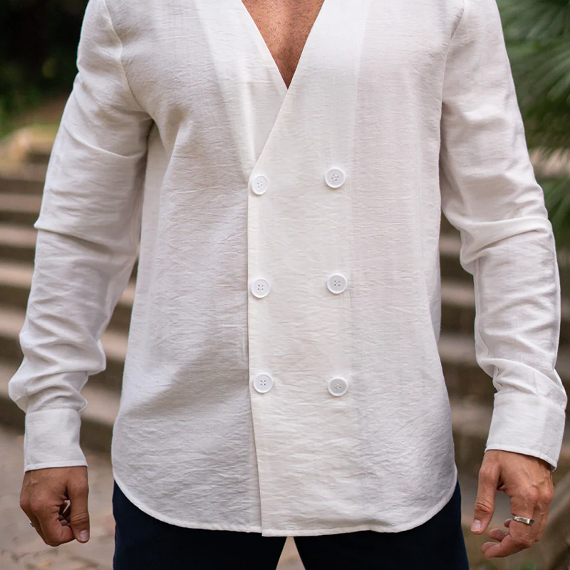 Men's Fashion Casual Tencel Cotton V-neck Double Breasted Long Sleeve Shirt MTA1414G4K