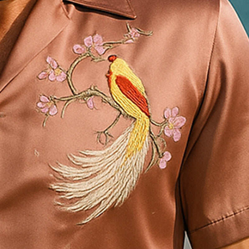 Men's Summer Fashion Satin Flower And Bird Embroidery Short Sleeve Shirt MTA2833E8P