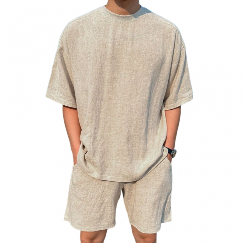 Men's Casual Breathable Linen Round Neck Oversize Short-sleeved T-shirt Elastic Waist Shorts Holiday Set MTA2700E5M