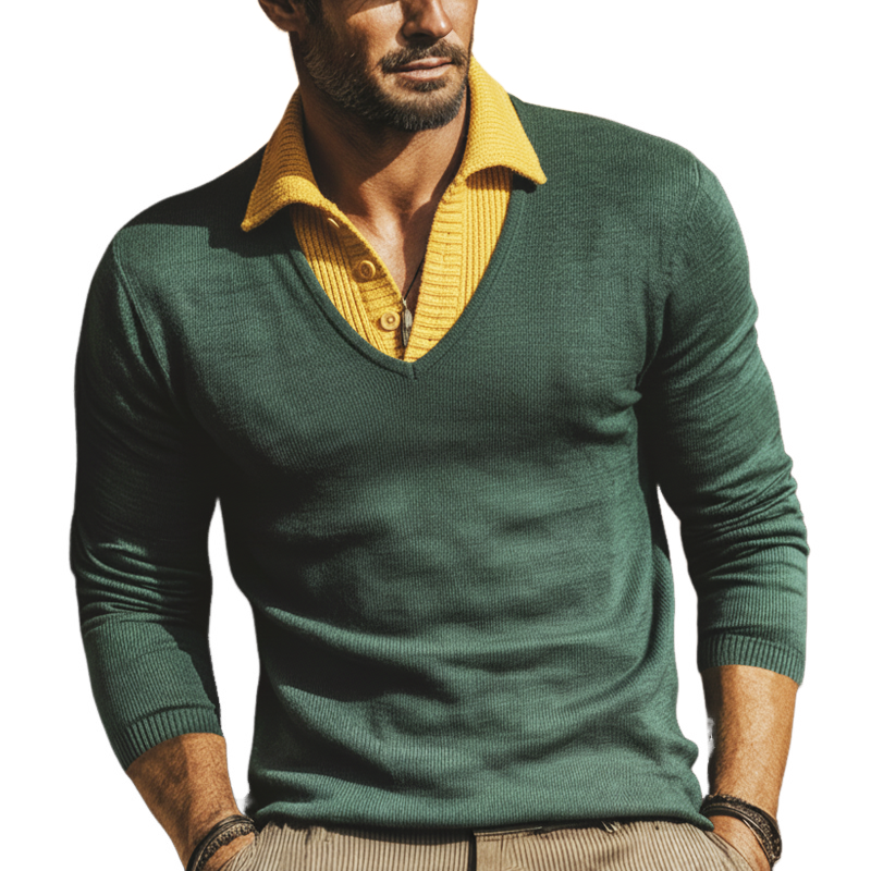 Men's Urban Green And Yellow Color Block Slim Fit Knit Sweater MTA1846L1U