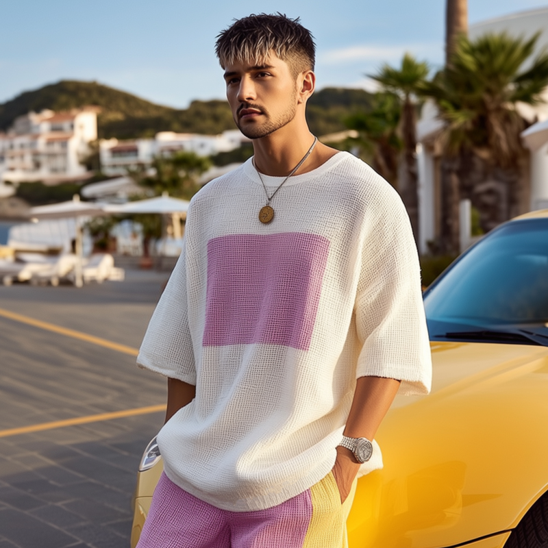Men's Fashion Colorblock Round Neck Loose Short Sleeve Knitted Sweater T-shirt MTA2593F8M