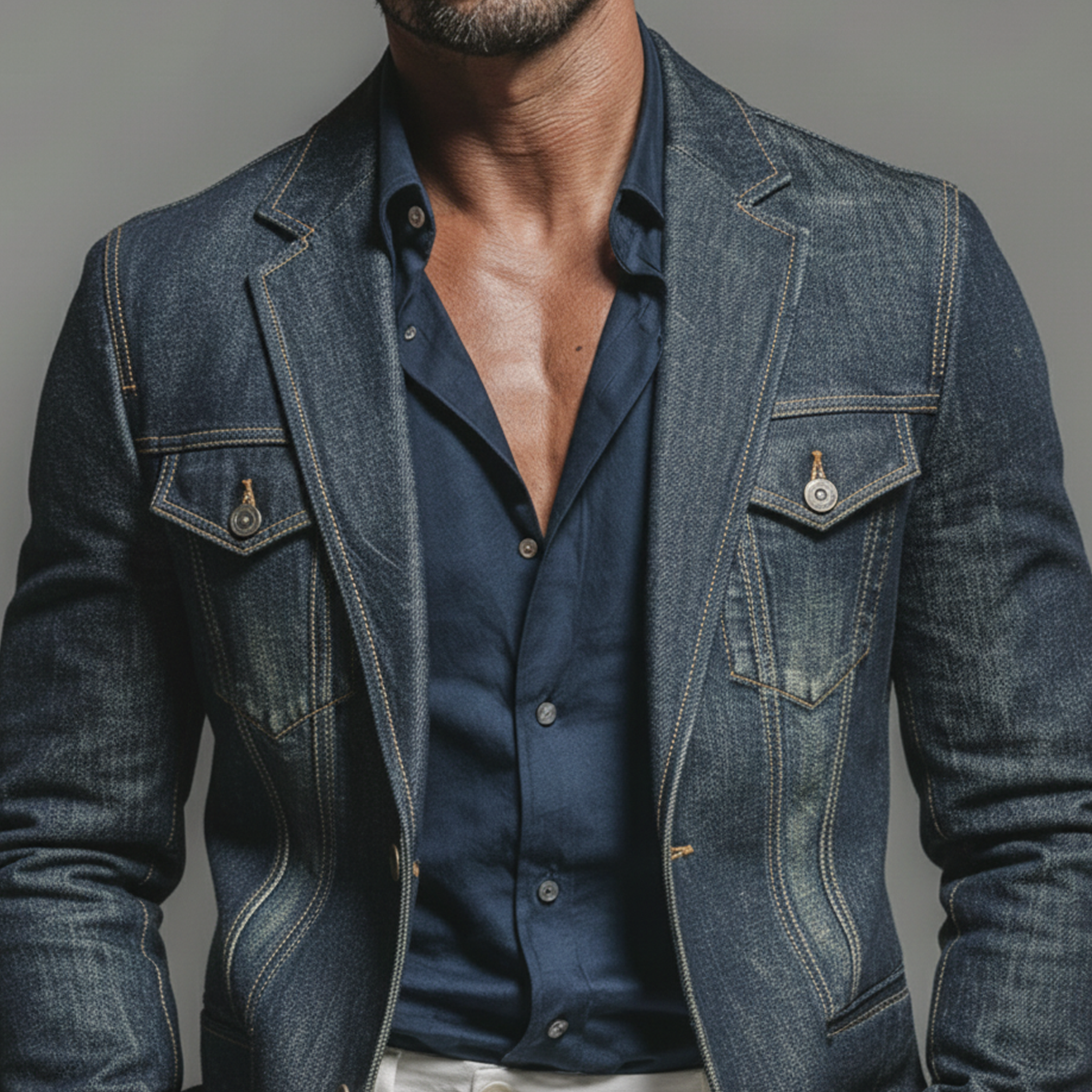 Men's Classic Casual Rugged Style Washed Denim Multi-pocket Single-breasted Blazer MTA3016K8K