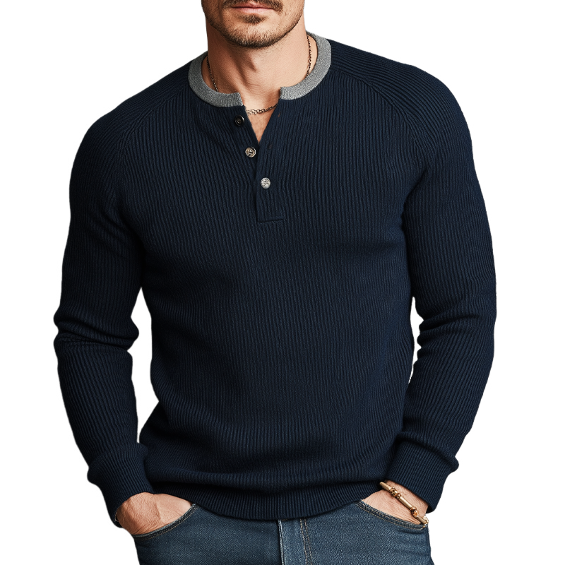 Men's Classic Color-Blocked High-Stretch Slim-Fit Knitted Henley Shirt MTZ2023A8U