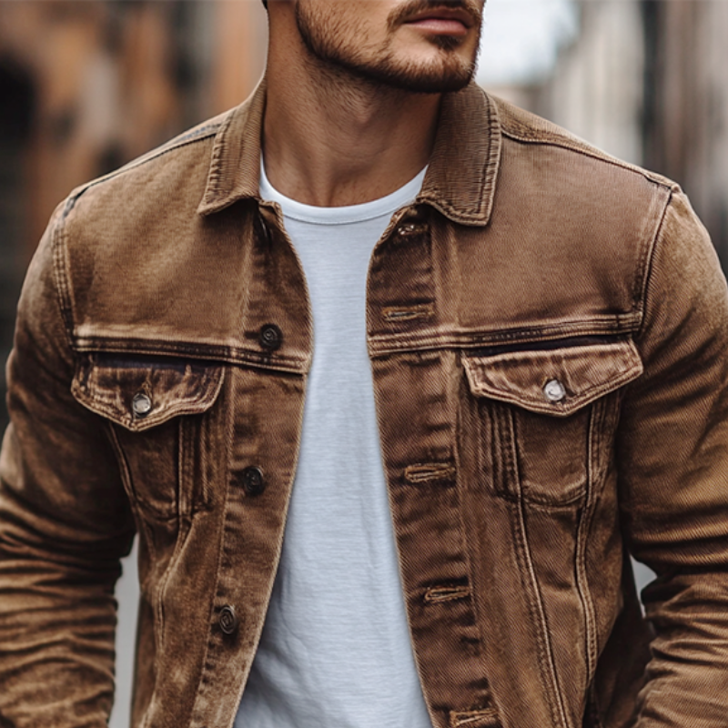 Men's Vintage Casual Solid Color Washed Denim Jacket 80646611K