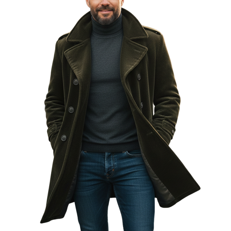 Men's Retro Classic Army GreenNotched Lapel Double-Breasted Corduroy Coat MTA3114J2U