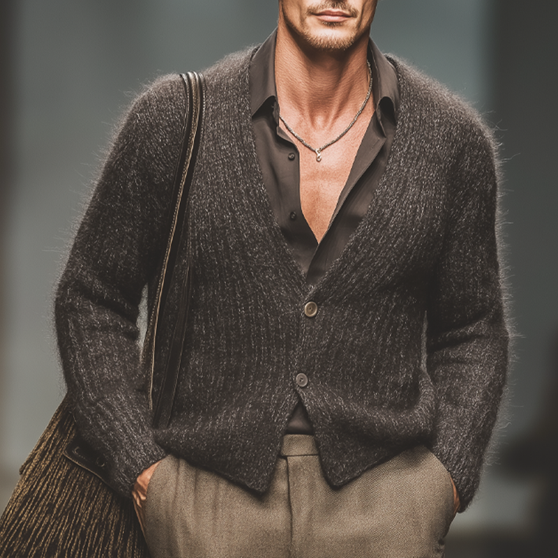 Men's Retro Gray-Brown V-Neck Slim Fit Knit Cardigan MTA3071J8U