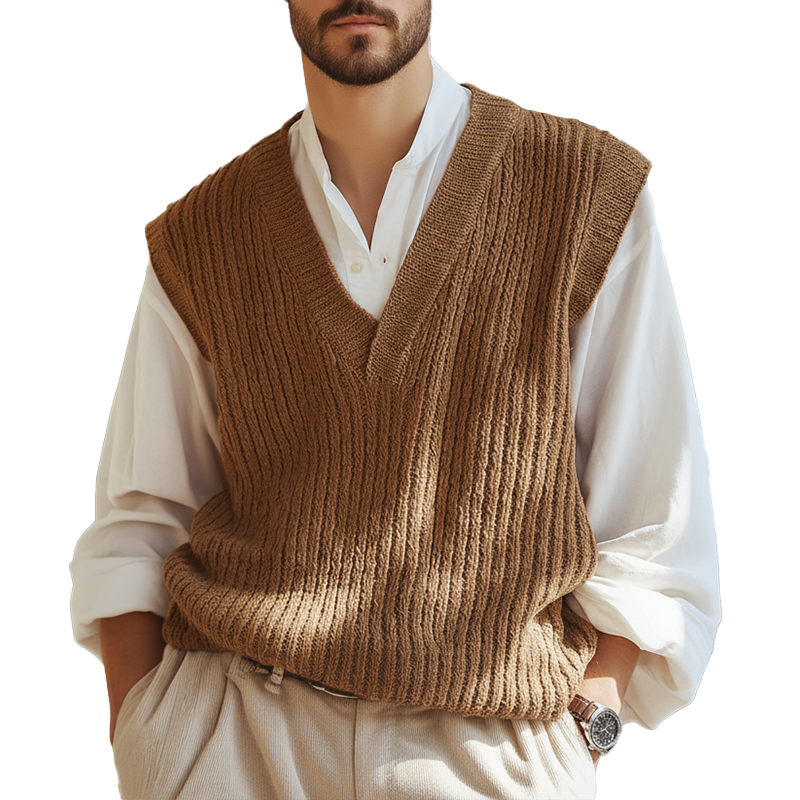 Men's Winter Simple Cotton Yarn Knitted V-Neck Vest MTA2885K7P