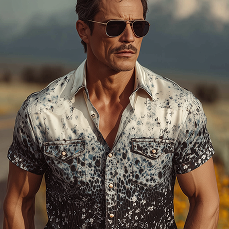 Men's Spring And Summer Fashion Casual Satin Art Gradient Print Slim Fit Short Sleeve Shirt MTA0804G7K