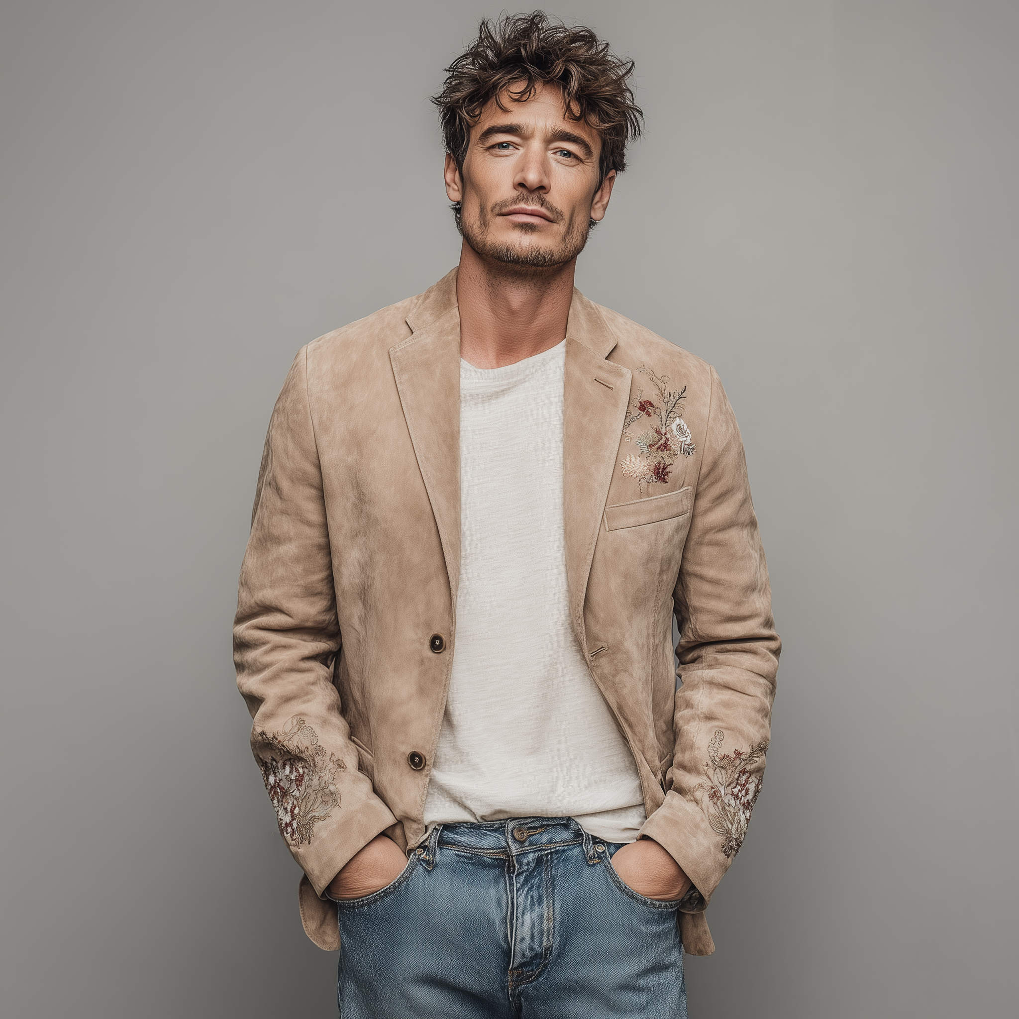 Men's Spring Fashion Casual Thin Suede Chest And Cuff Embroidery Single Breasted Blazer MTA1815G9K