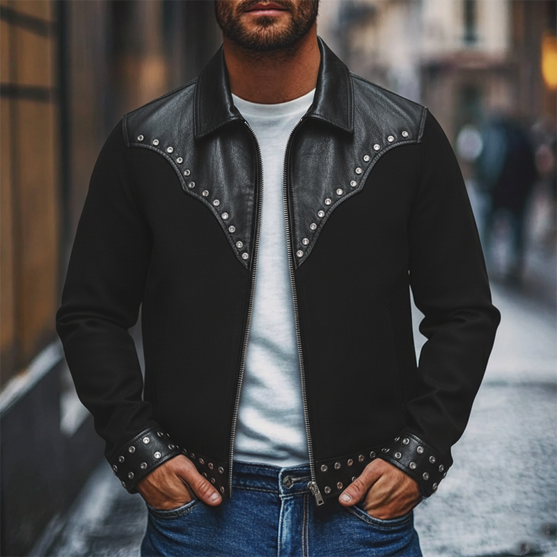 Men's Western Cowboy Style PU Stitching Faux Woolen Lapel Zipper Jacket MTA1498J6X