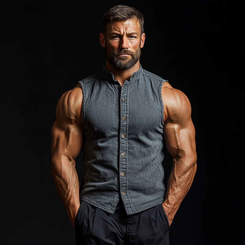 Men's Vintage Washed Distressed Stand Collar Slim Fit Denim Sleeveless Shirt MTA1382E6M