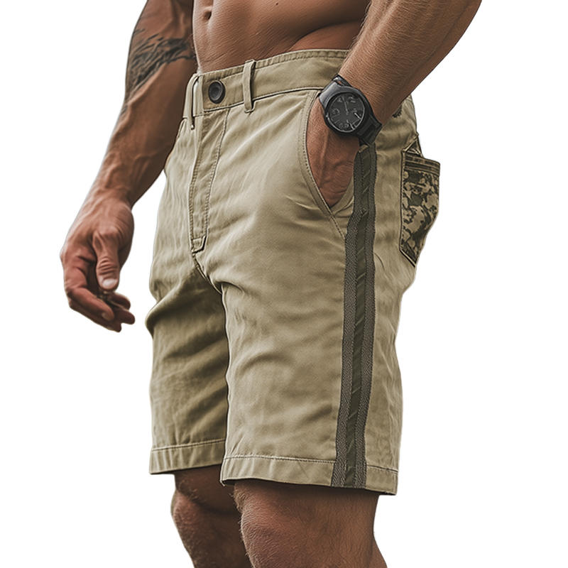 Men's Casual American Retro Western Tough Style Cotton Blend Washed Camouflage Pocket Stitching Webbing Shorts MTA0688F9K
