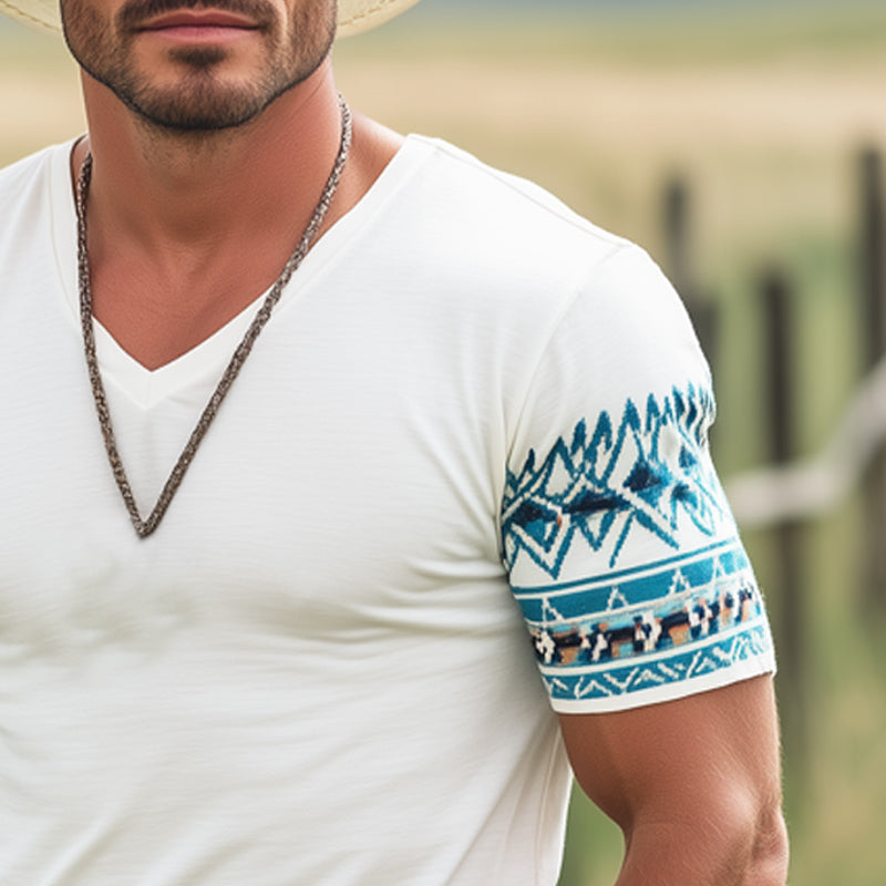 Herre T-skjorte med korte ermer og print i western cowboy-stil, V-hals, MTA1222E6U