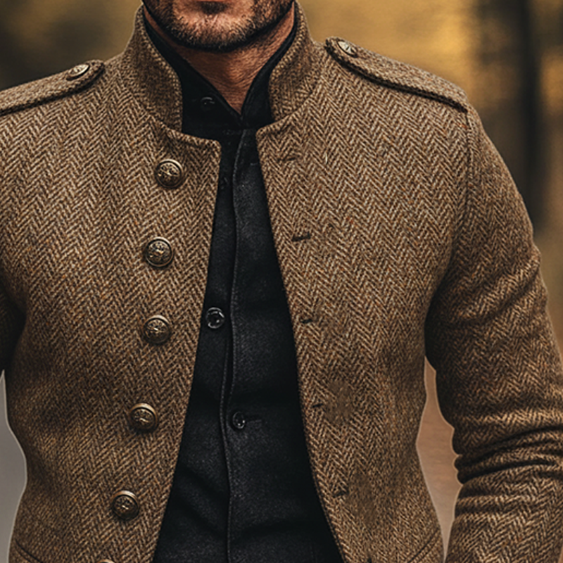 Men's Vintage Herringbone Stand Collar Single Breasted Jacket MTA1524J5X