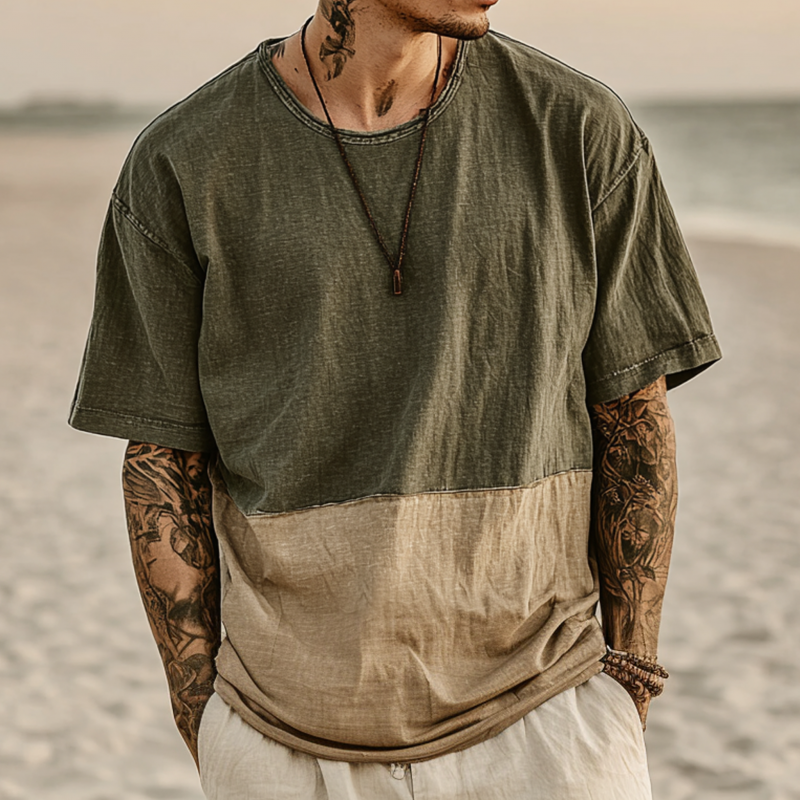 Men's Casual Outdoor Colorblock Patchwork Cotton Washed Distressed Round Neck Loose Short-sleeved T-shirt MTA1092G4M