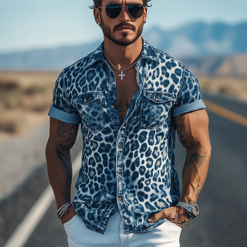Men's Spring And Summer Fashion Casual Retro Western Cowboy Style Leopard Denim Print Slim Fit Short Sleeve Shirt MTA0975E8K