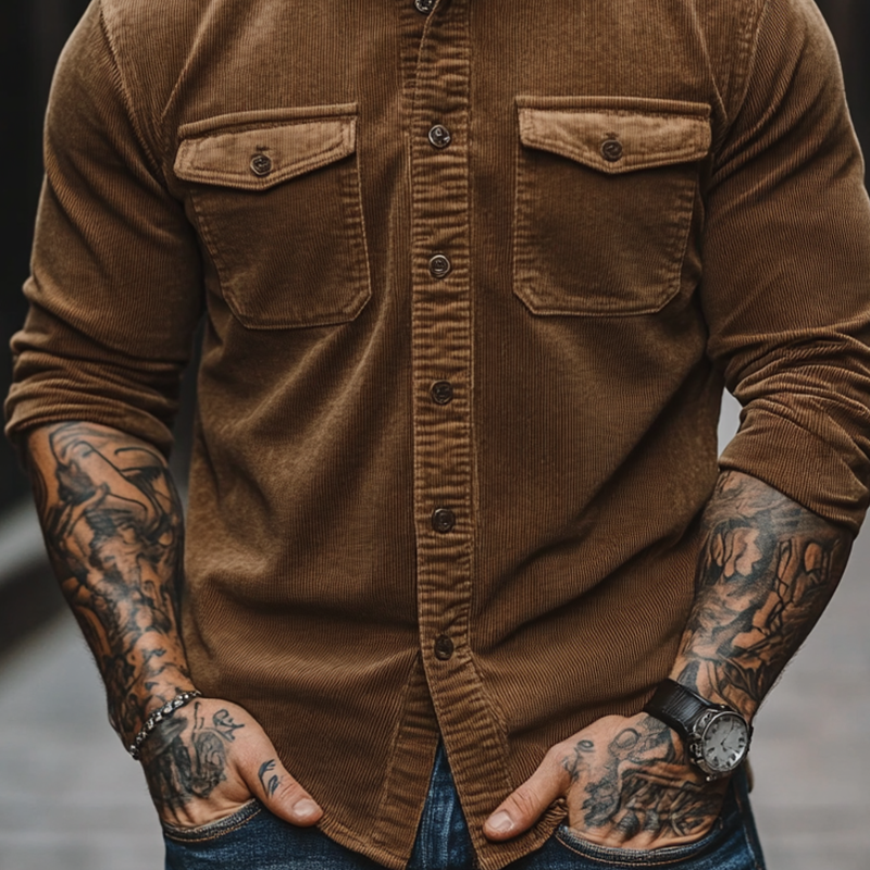 Men's Corduroy Retro Solid Color Long-Sleeve Shirt MTA3046J4X