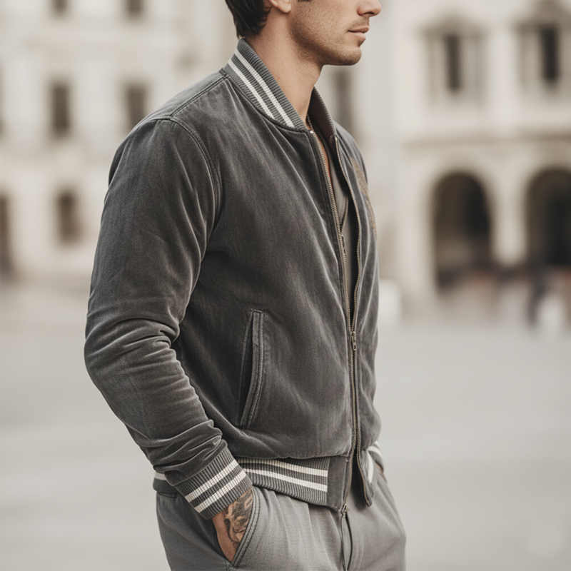 Men's Urban Classic Grey Velvet Embroidered Zip-Up Jacket MTA2932L2U