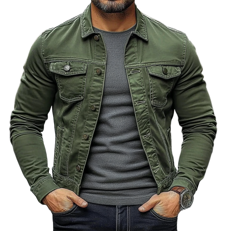 Men's Solid Color Slim Fit Single-breasted Lapel Denim Jacket MTA2042H5X