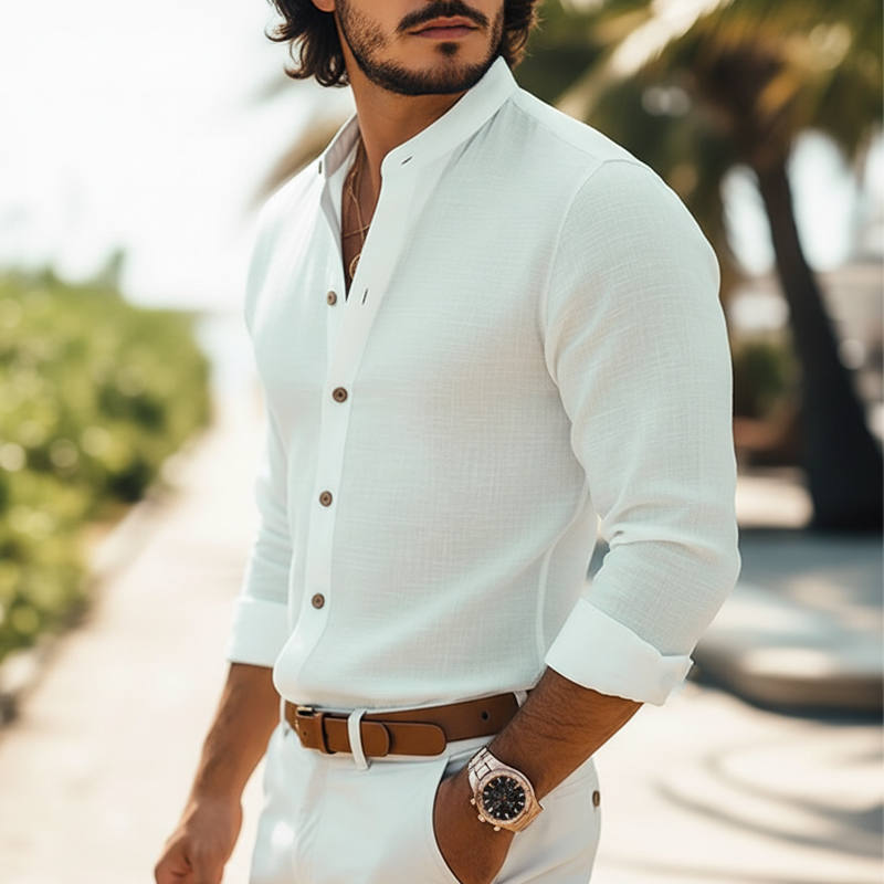 Men's Business Solid Color Textured Stand Collar Long Sleeve Shirt MTA2597J5U