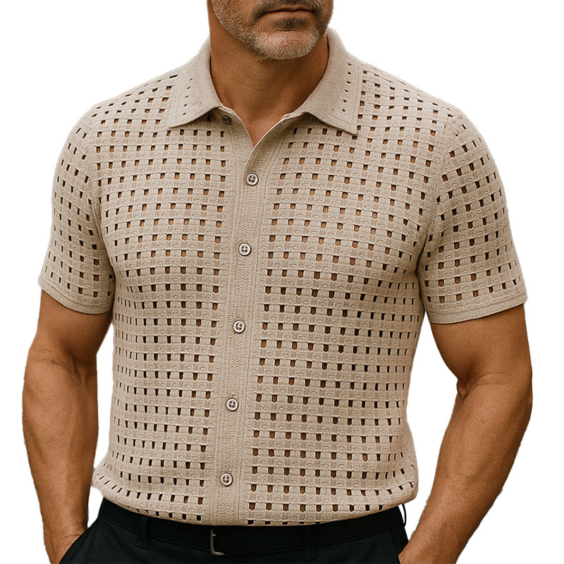 Men's Summer Elegant Simple Solid Color Cool Silk Knitted Short-Sleeved Shirt MTA2395E1P