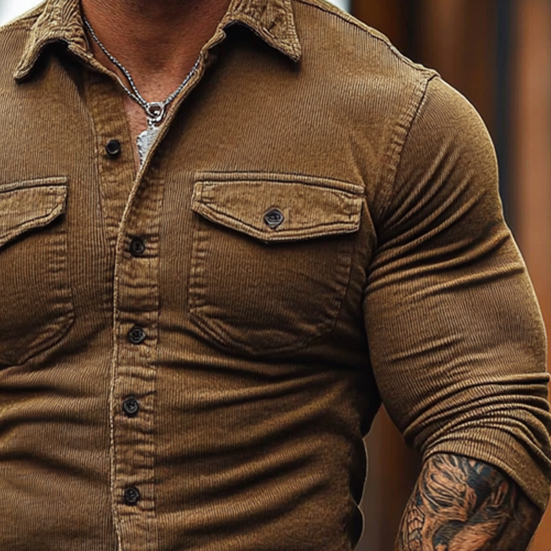 Men's Solid Color Casual Corduroy Retro Lapel Long Sleeve Shirt MTA1135J5X