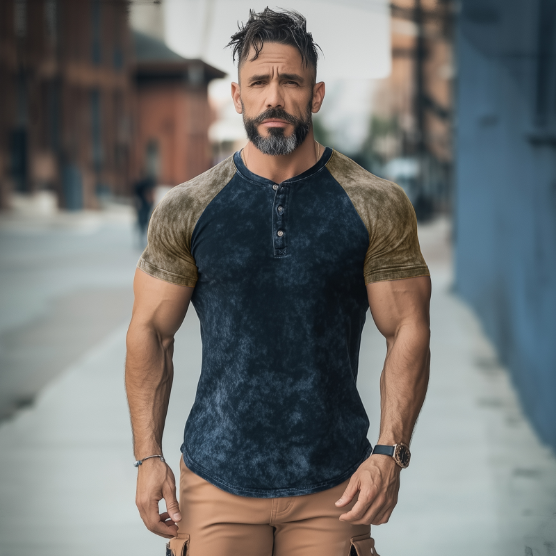 Men's Casual Distressed Colorblock Print Henley Collar Slim Fit Short Sleeve T-shirt MTA0329G9M