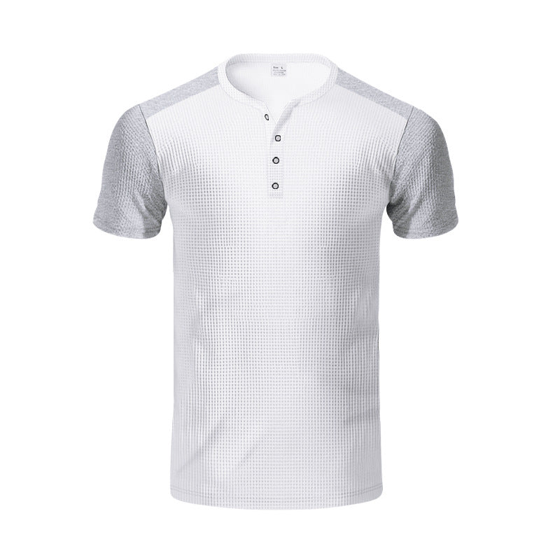 Men's Spring And Summer Fashion Casual Waffle Color Contrast Stitching Henry Collar Short Sleeve T-shirt MTA3021F4K