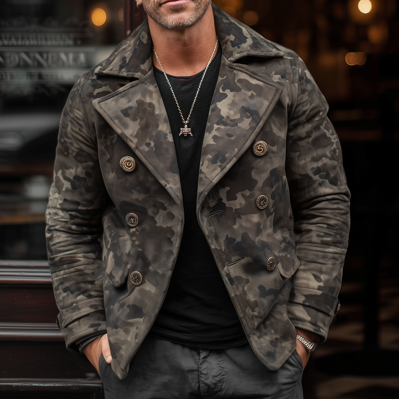 Men's Classic Camouflage Print Suede Double Breasted Jacket MTA0447I4U