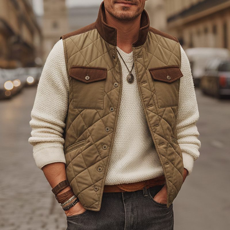 Men's Classic Colorblock Quilted Stand Collar Button Vest MTA2021J2U
