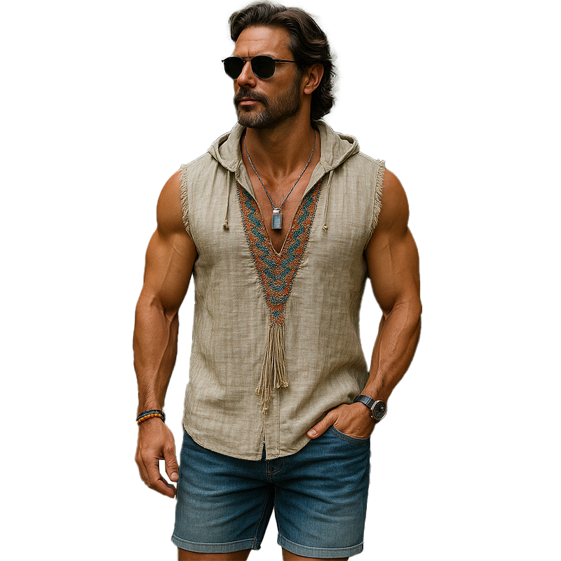 Men's Summer Fashion Embroidered Hooded Slub Linen Tank Top MTA1365F3P