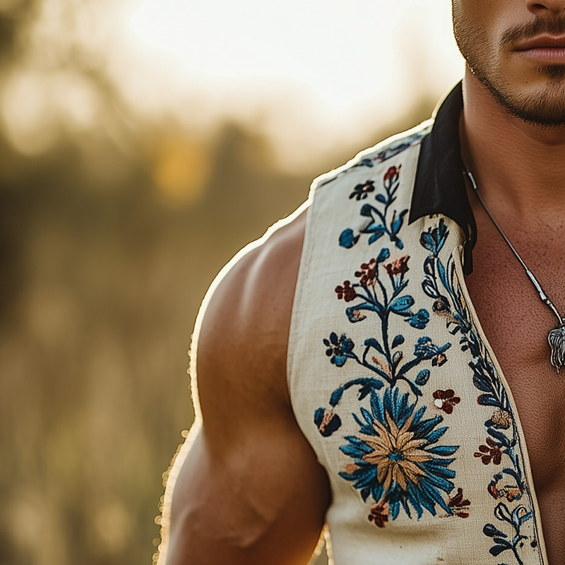 Men's Summer Fashion Embroidery Slub Linen Collared Sleeveless Vest MTA3086F2P