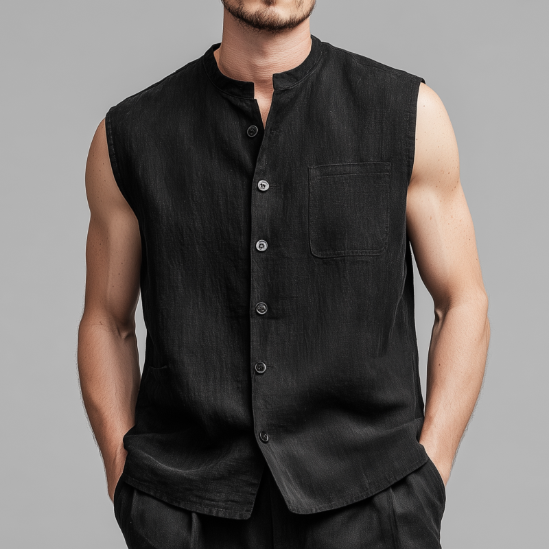 Men's Vintage Faux Suede Stand Collar Single Breasted Patch Pocket Loose Sleeveless Shirt MTA2519G2M