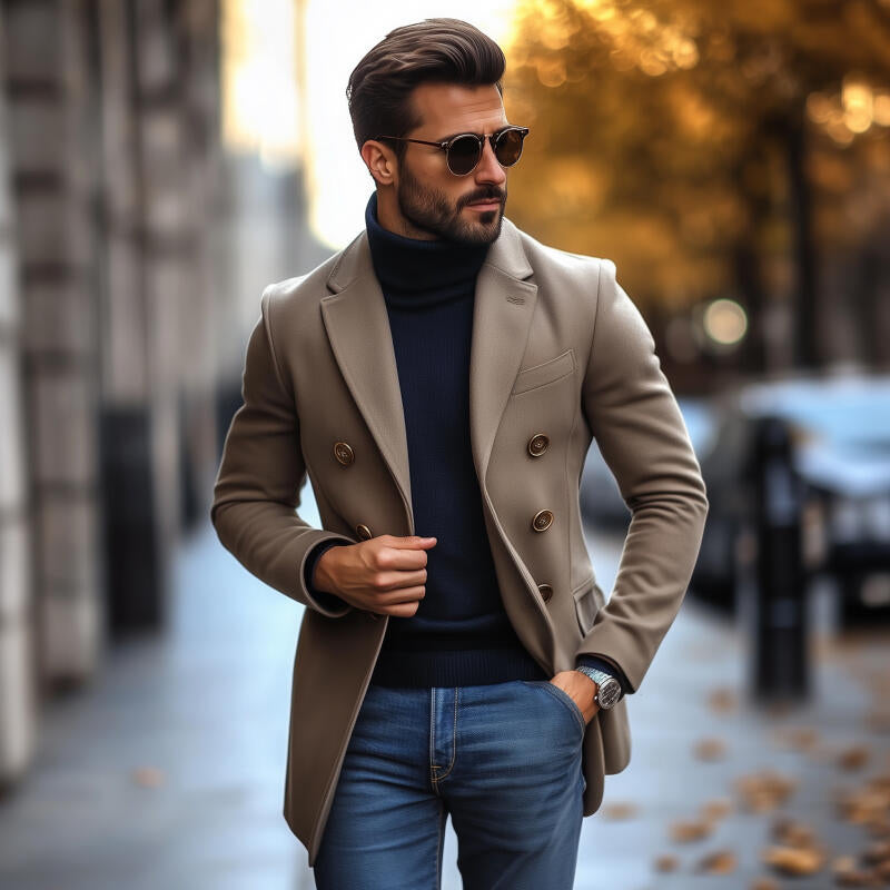 Men's Vintage Wool Blend Notch Lapel Double-Breasted Slim-Fit Coat MTA3022H7M