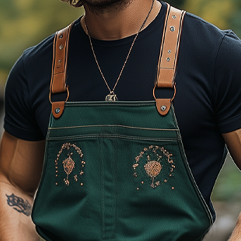 Men's Summer Retro Embroidered Tassel Denim Overalls MTA1174F1U