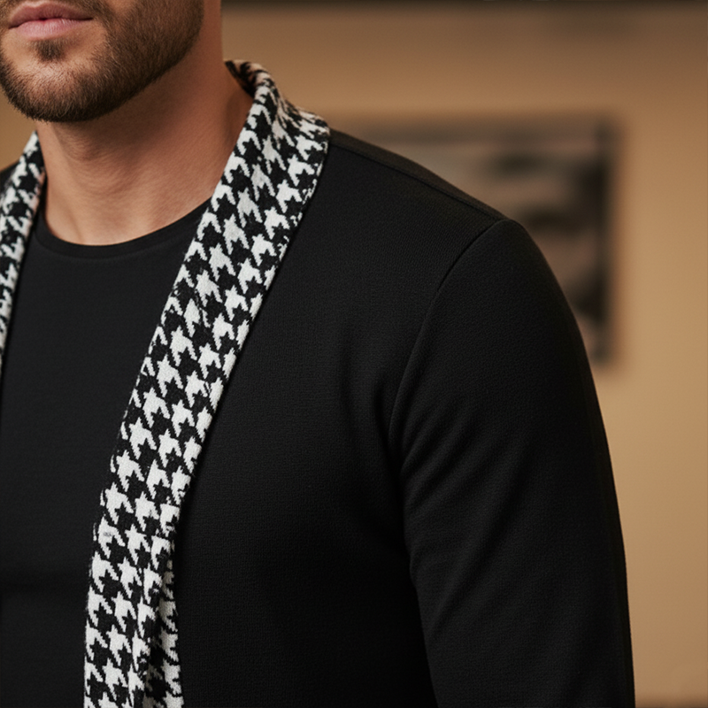 Men's Autumn Fashion Houndstooth Stitching Imitation Cashmere Open Cardigan MTA1669J0P