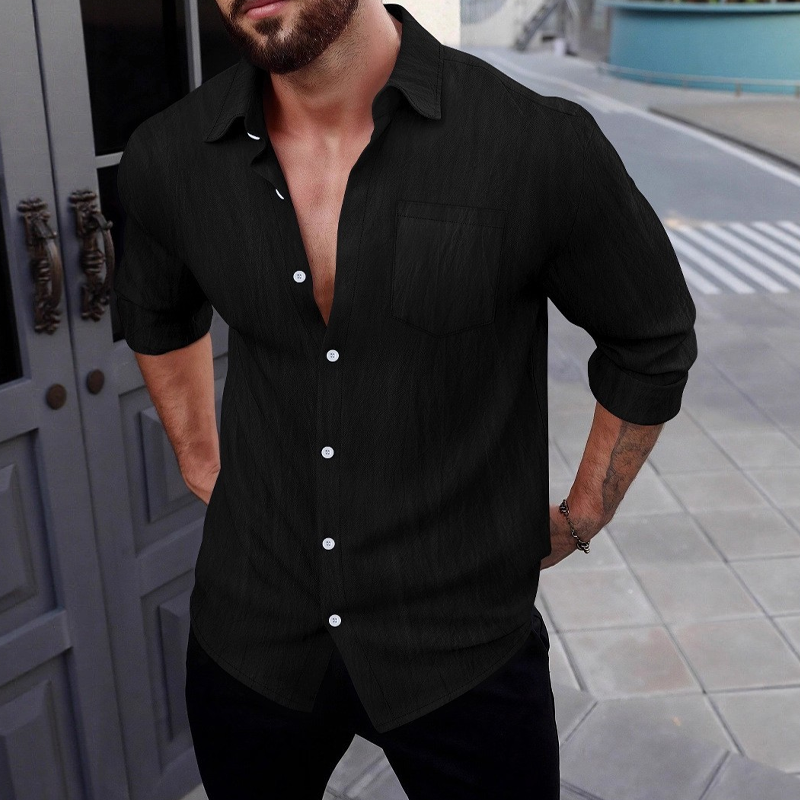 Men's Cotton Blended Solid Color Casual Long Sleeve Shirt MTA1974G7X