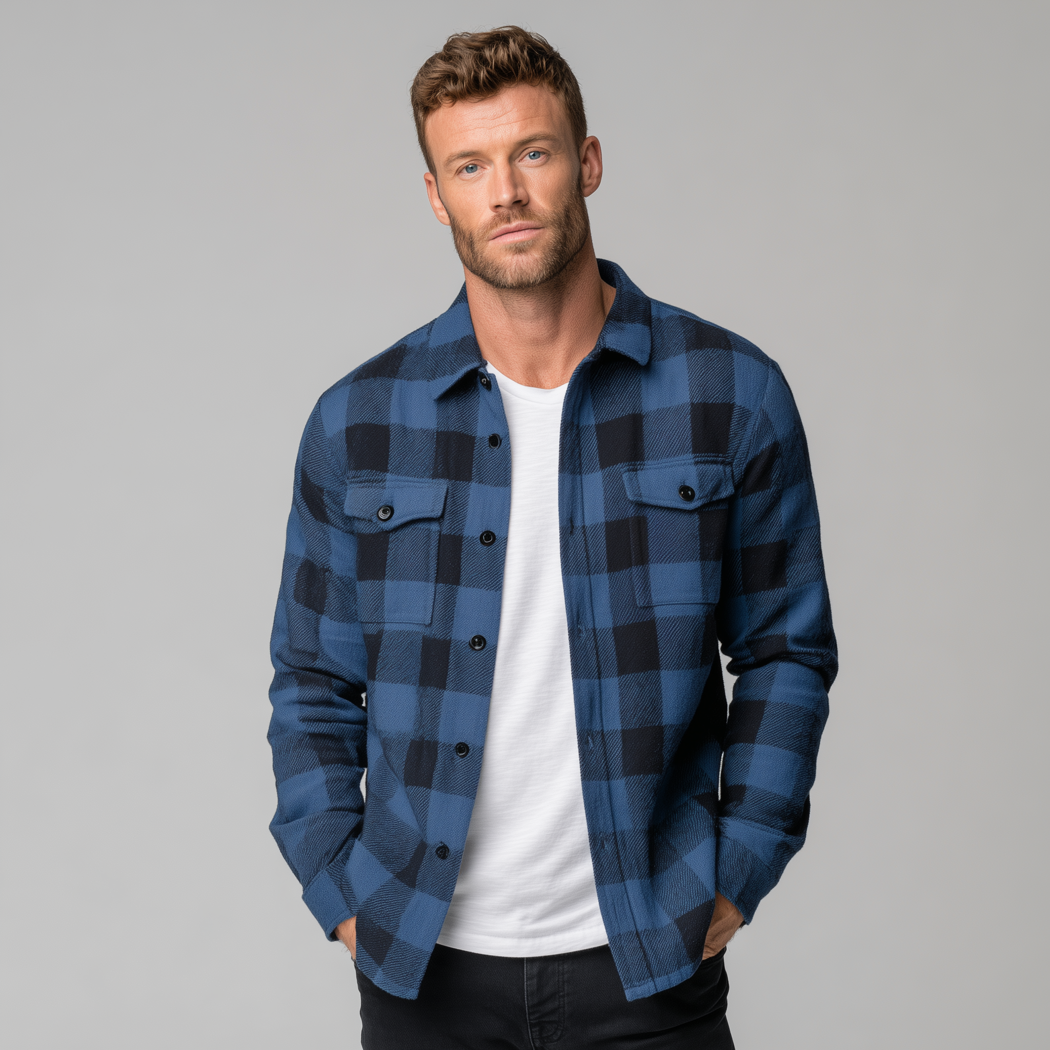 Men's Classic Casual Contrast Check Brushed Cotton Blend Long Sleeve Shirt MTA3034H3K